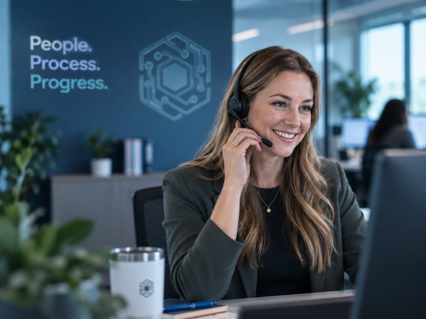 Businesswoman in a modern office speaking on a headset