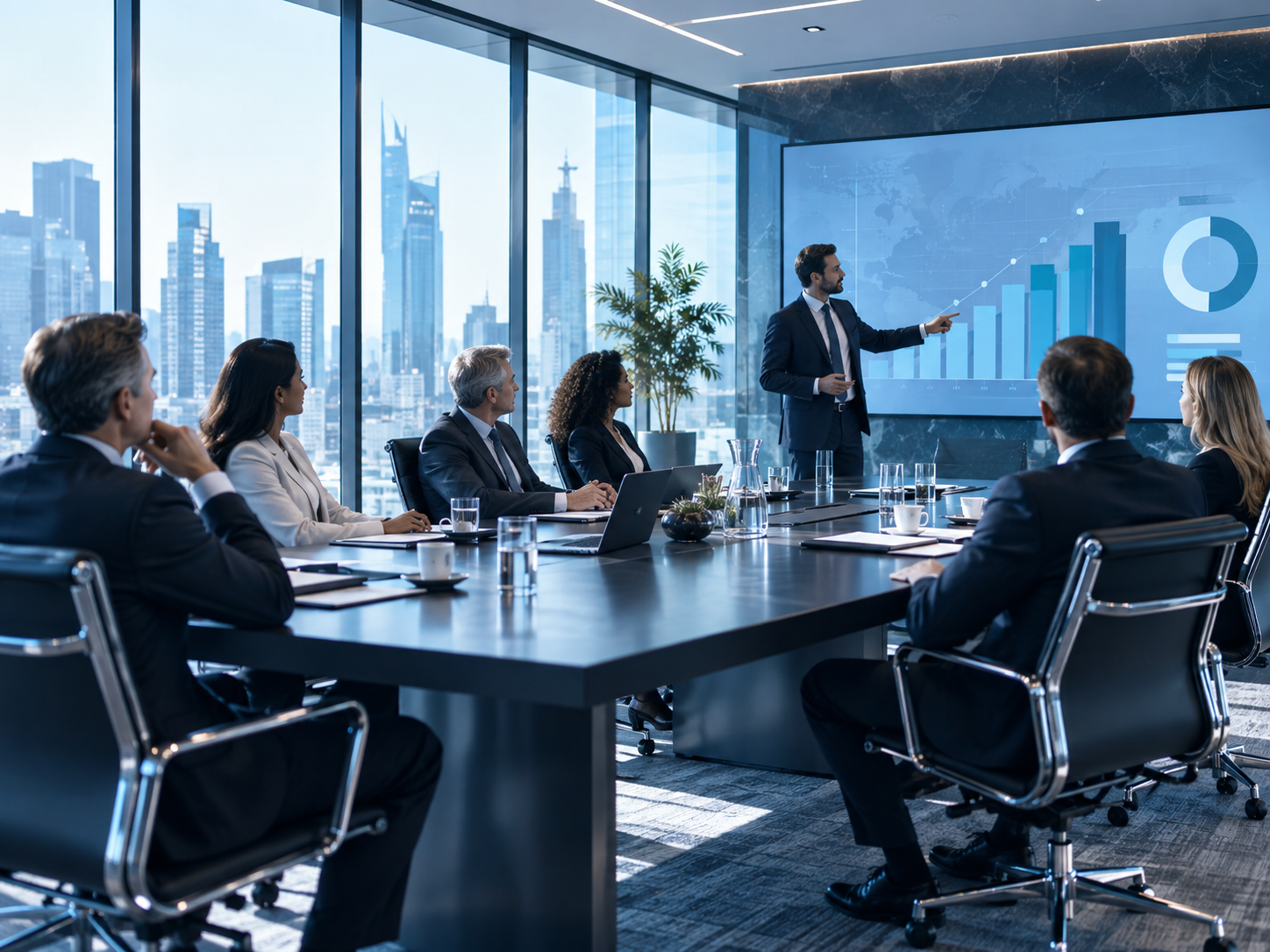 Executives in a large conference room reviewing a business graph presentation